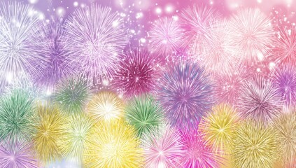 Colorful fireworks display against a soft, pastel background.