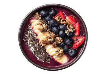 Healthy Berry Smoothie Bowl with Fresh Fruits & Chia Seeds isolated on white transparent background
