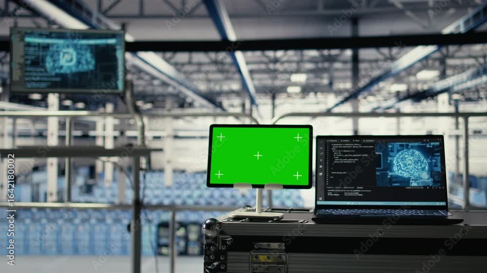 Poster green screen tablet in high tech data center with machines verifying blockchain transactions. chroma