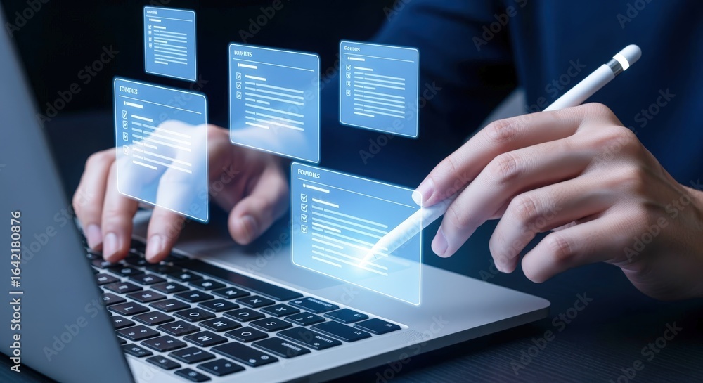 Poster data analysis with laptop: person interacting with digital interface for business insights and infor