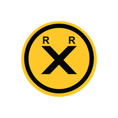 Fototapeta premium Railroad crossing warning sign, vector illustration of a yellow circular sign with a black X and two R's, train tracks warning.