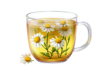 Chamomile Tea in Glass Mug, Isolated on White Transparent Background