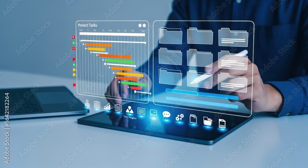Poster interactive project management on digital tablet: gantt chart, workflow, and document organization