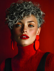 Confident woman with short gray curls and bold red lipstick in studio portrait