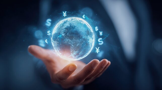 Global Finance Concept: Person Holding Digital Earth with Currency Symbols Representing Worldwide Economy