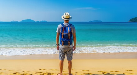 Man with Backpack Enjoying Tropical Beach View: Travel, Adventure, and Exploration Concept