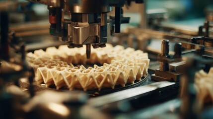 Fototapeta premium Medium shot capturing the automated dumpling pleater midaction focused on the complex folding mechanism shaping uniform lattice designs with softfocus on the surrounding factory