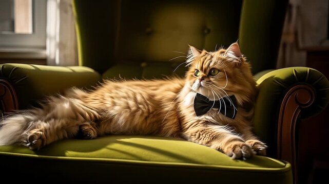Elegant ginger cat wearing bow tie relaxing on vintage green armchair in cozy room.