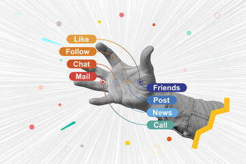 Art collage of a hand reaching for colorful social media icons labeled. Concept of social media engagement. Online connection, communication, and networking in the digital age.
