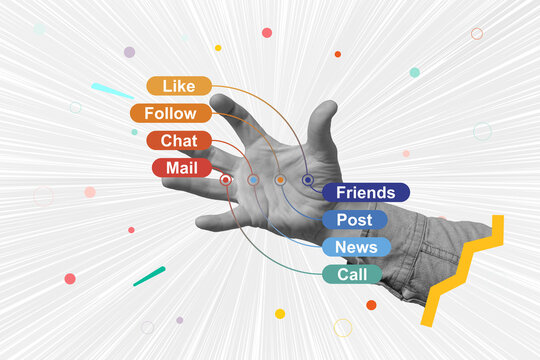 Art collage of a hand reaching for colorful social media icons labeled. Concept of social media engagement. Online connection, communication, and networking in the digital age.