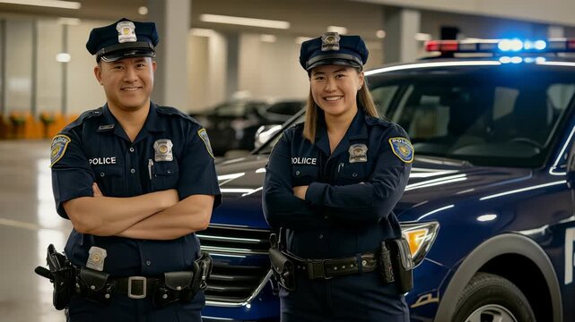 Two smiling police officers, a man and a woman, stand confidently in front of their parked patrol vehicle. The setting is a parking garage, and the scene conveys a sense of community and preparedness.