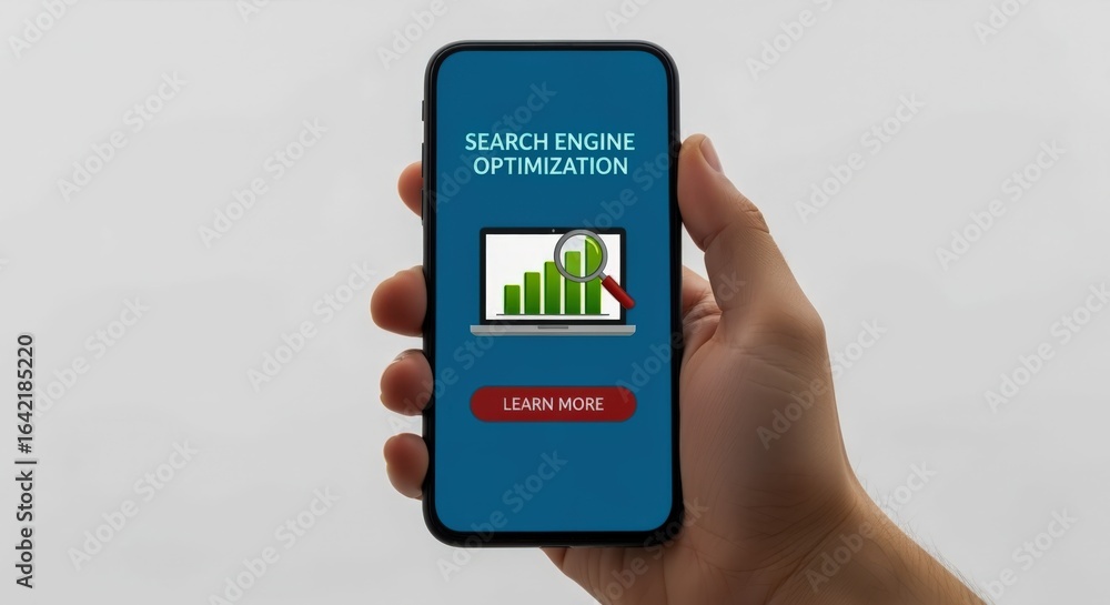 Poster hand holding smartphone displaying search engine optimization concept with a graph and magnifying gl