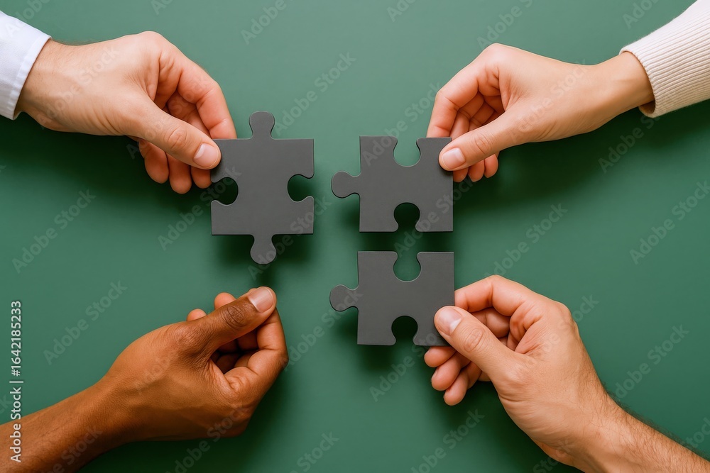 Poster Hands Connecting Puzzle Pieces: Symbolizing Teamwork, Collaboration, Problem-Solving, and Unity for Success on Green Background