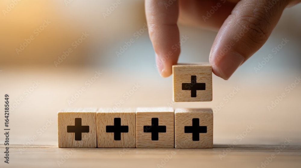 Poster adding value: hand placing a wooden block with a plus sign in a growing row