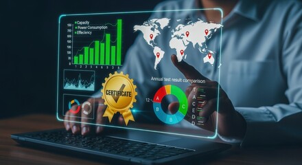 Data Visualization: Man Interacts with Digital Interface Displaying Financial Analysis and Global Business Strategy Charts