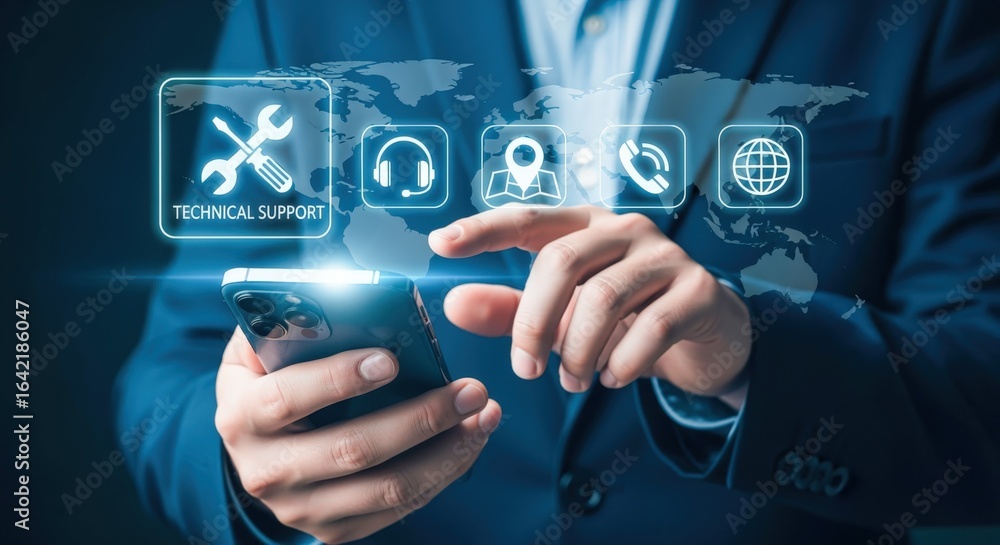 Aufkleber technical support and assistance concept: man interacting with icons on phone for solutions and guid
