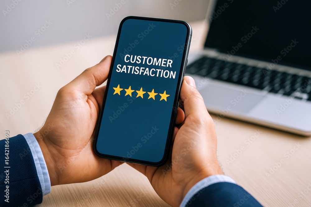 Poster mobile phone displaying customer satisfaction rating with laptop in background depicting modern busi