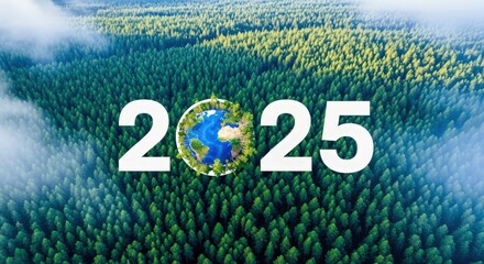 Environmental Initiative 2025: Aerial View of Forest Canopy with Earth Illustration for Sustainable Future Goals