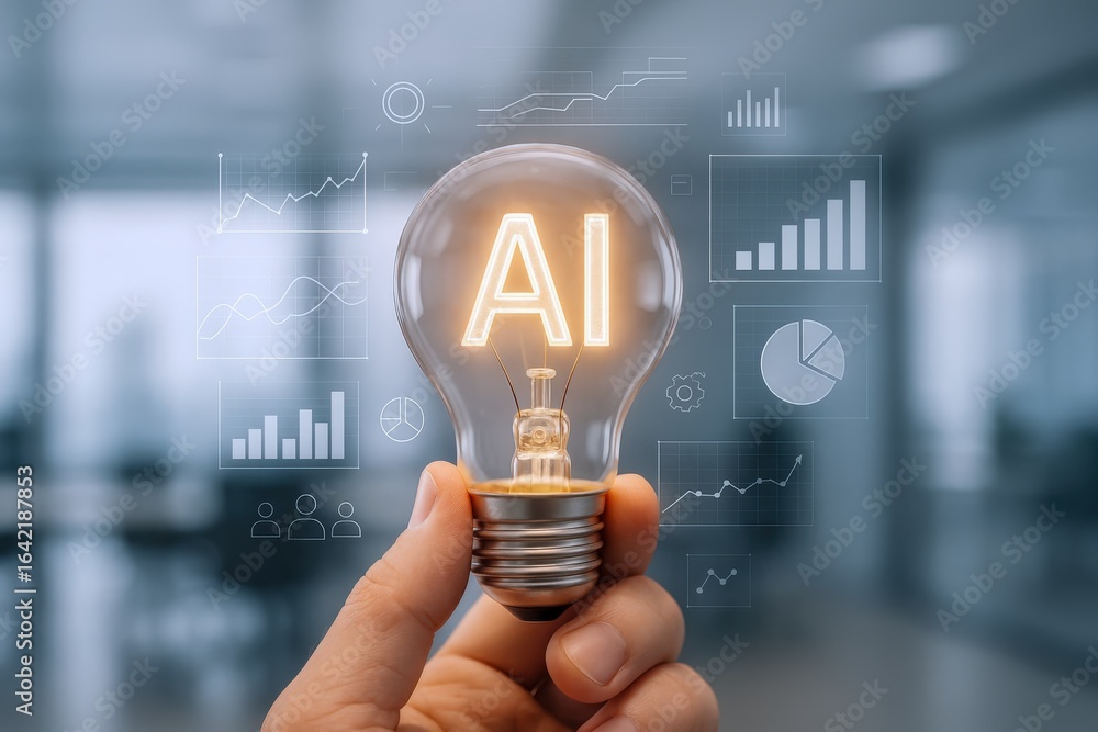Poster artificial intelligence concept: hand holding glowing lightbulb with ai text and business analytics 