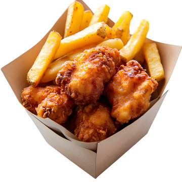 Yellow, Orange fries & chicken nuggets sit in box on black. Use for restaurant menu, food blog, recipe site, posters, social media.