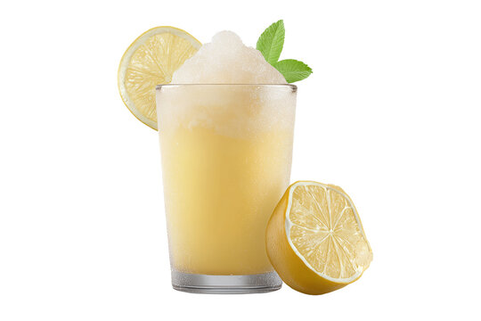 Refreshing Frozen Lemonade Drink with Lemon and Mint Garnish isolated on white transparent background