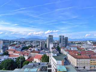 Obraz premium A view of Ljubljana from the outside observation deck terrace at the top of the Neboticnik Skyscraper in central Ljubljana