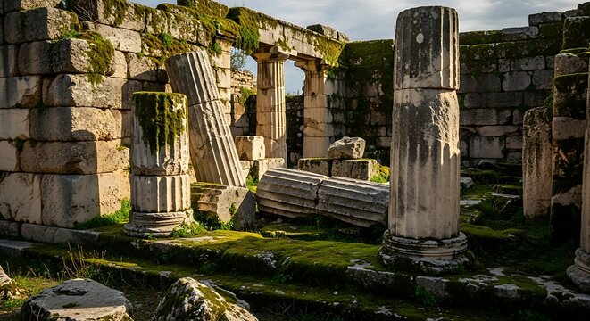 Ancient moss-covered Greek ruins with fallen stone columns under warm sunlight
