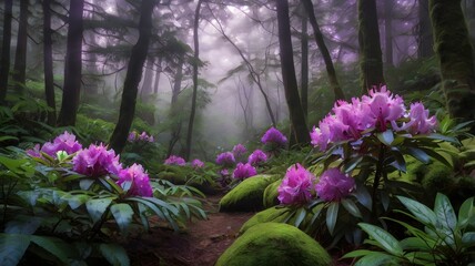 A misty forest path through a lush landscape with vibrant purple rhododendron flowers blooming in the morning fog.