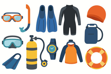 Fototapeta premium Scuba diving flat icon set. snorkeling, underwater adventure flat collection