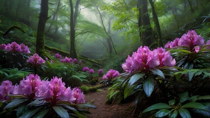 Misty Valley Blooms A Lush Rhododendron Landscape