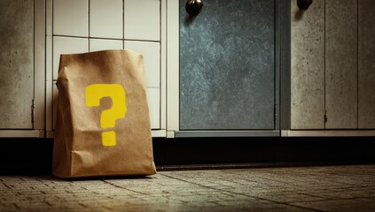 Brown paper bag with yellow question mark on kitchen floor