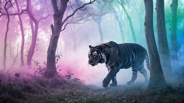 A tiger walking through a mystical forest with colorful fog and bare trees around it
