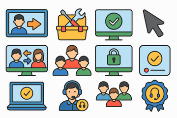 Fototapeta premium Business communication flat icon set. teamwork, network, online meeting icons.