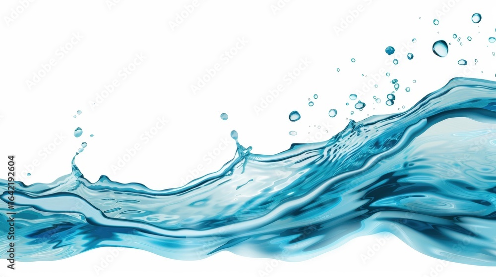 Poster bright blue water wave with dynamic splashes and drops, creating an eyecatching abstract design agai