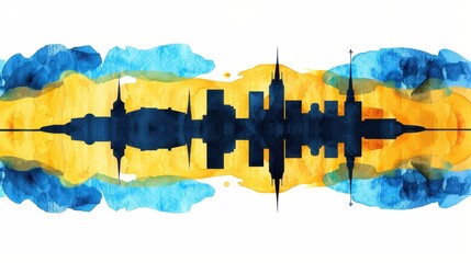 Celebrate Swedens National Day with this vibrant watercolor of the flag and a stylized cityscape silhouette, capturing festivity.