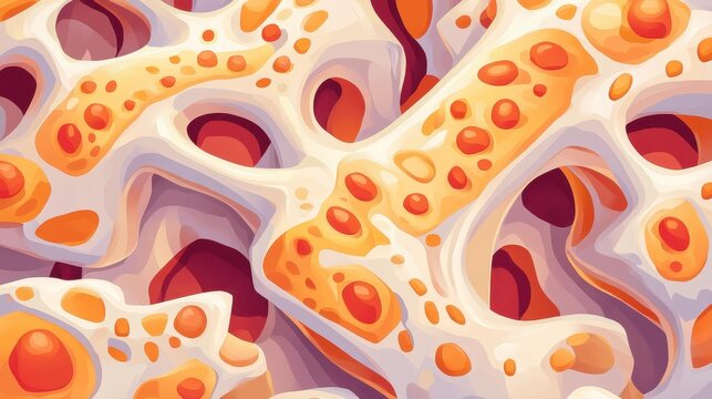 Detailed crosssection of bone tissue showcasing osteons in a modern cartoon style, with high resolution and textures.