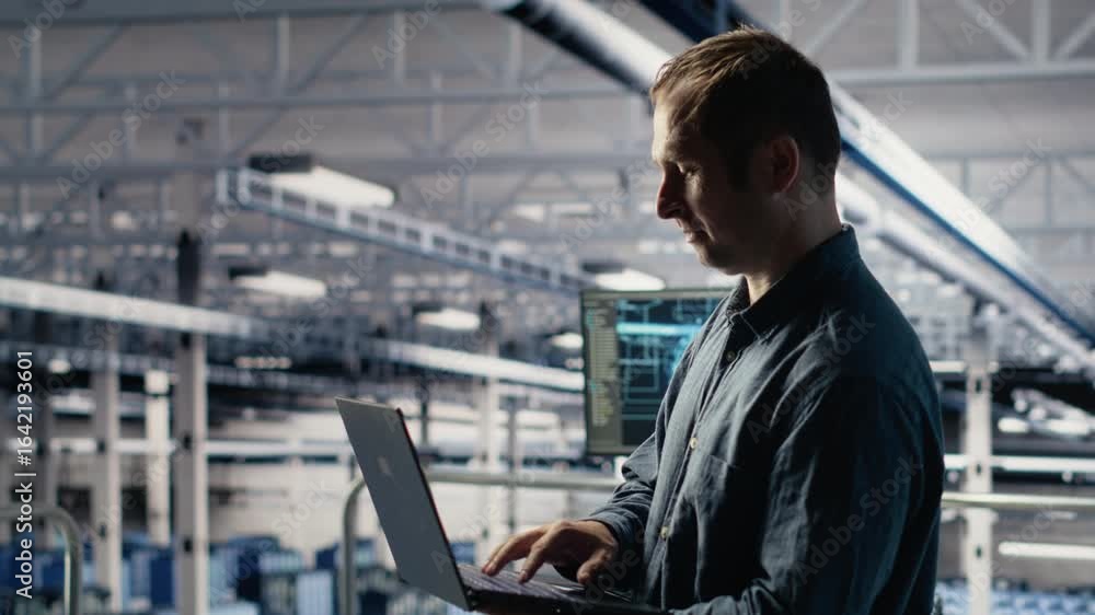 Poster data center technician monitors deep learning process with laptop, reviewing operational metrics. it