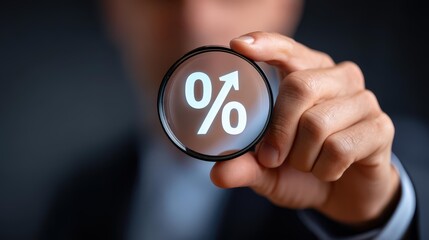 A businessman examines financial trends with a magnifying glass, revealing insights on interest rates and market fluctuations.