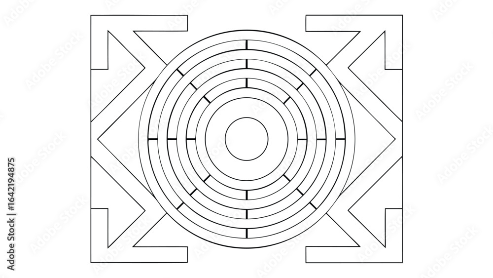 Poster abstract geometric pattern featuring concentric circles and arrow shapes in a minimalist design