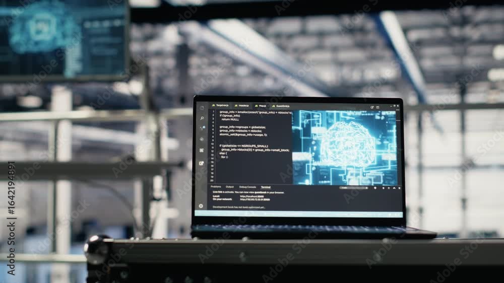 Poster ai coding script running on laptop managing server farm mainframes powering networks. artificial int