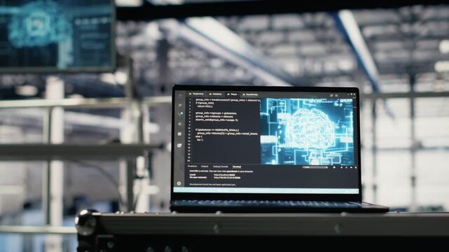 AI coding script running on laptop managing server farm mainframes powering networks. Artificial intelligence programming language on notebook in data center helping process datasets, jib up