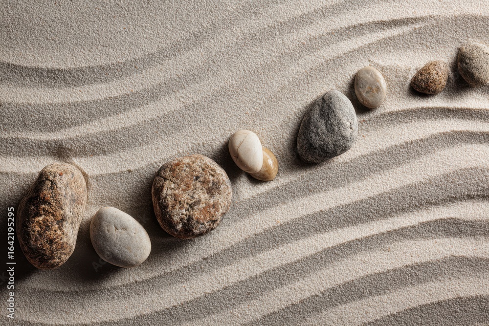 Poster smooth stones placed on soft sand with gentle waves creating a calming and relaxing natural landscap