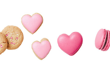 Pink Heart Cookies & Macarons, Valentine's Day Sweets isolated on white transparent background