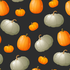 Vector seamless pattern with pumpkins differet types, sizes and colors on dark grey background.	