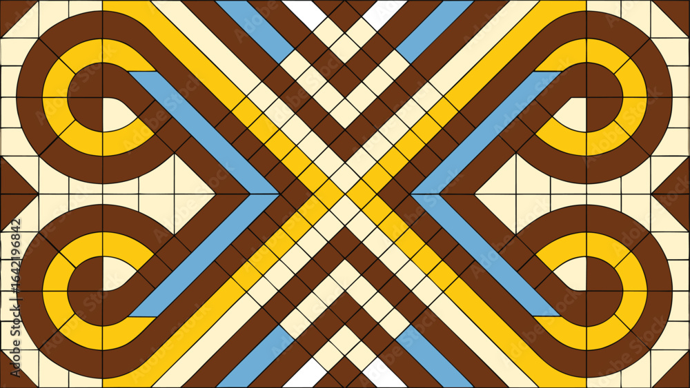 Poster abstract geometric pattern featuring symmetrical swirls and intersecting lines in retro style