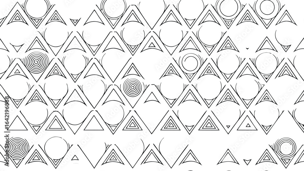 Poster abstract geometric pattern featuring triangles spirals and arcs arranged in repeating structures