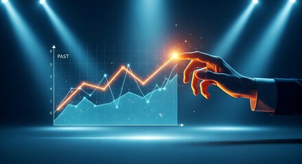 Trend analysis concept. A holographic line graph shows past data, and a hand draws a trendline over it to predict future performance.