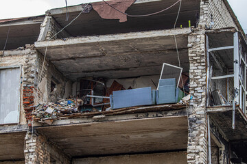View of the destroyed part of a house in Izium, Ukraine
