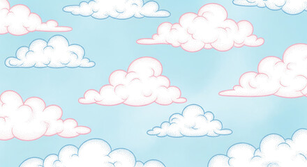 Soft fluffy clouds in a pastel blue sky, dreamy and serene atmosphere