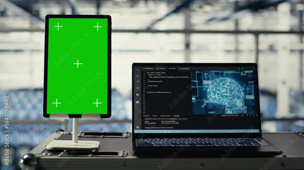 Poster green screen tablet in server room with machine learning technology detecting data patterns. chroma 